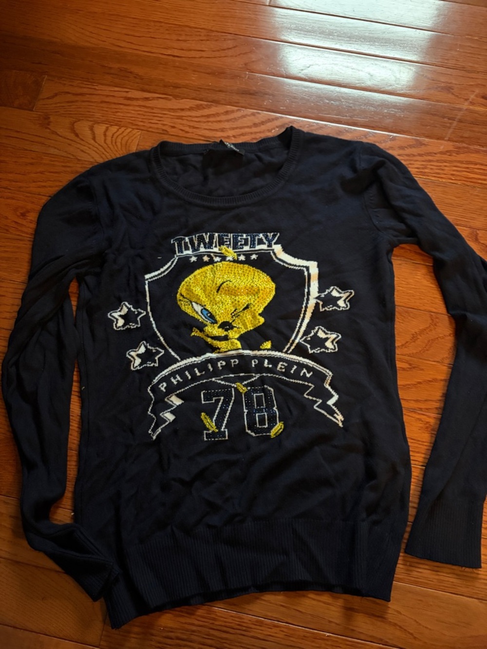 Philipp Plein Navy Long-Sleeve Tweety Knit Top with Yellow Graphic